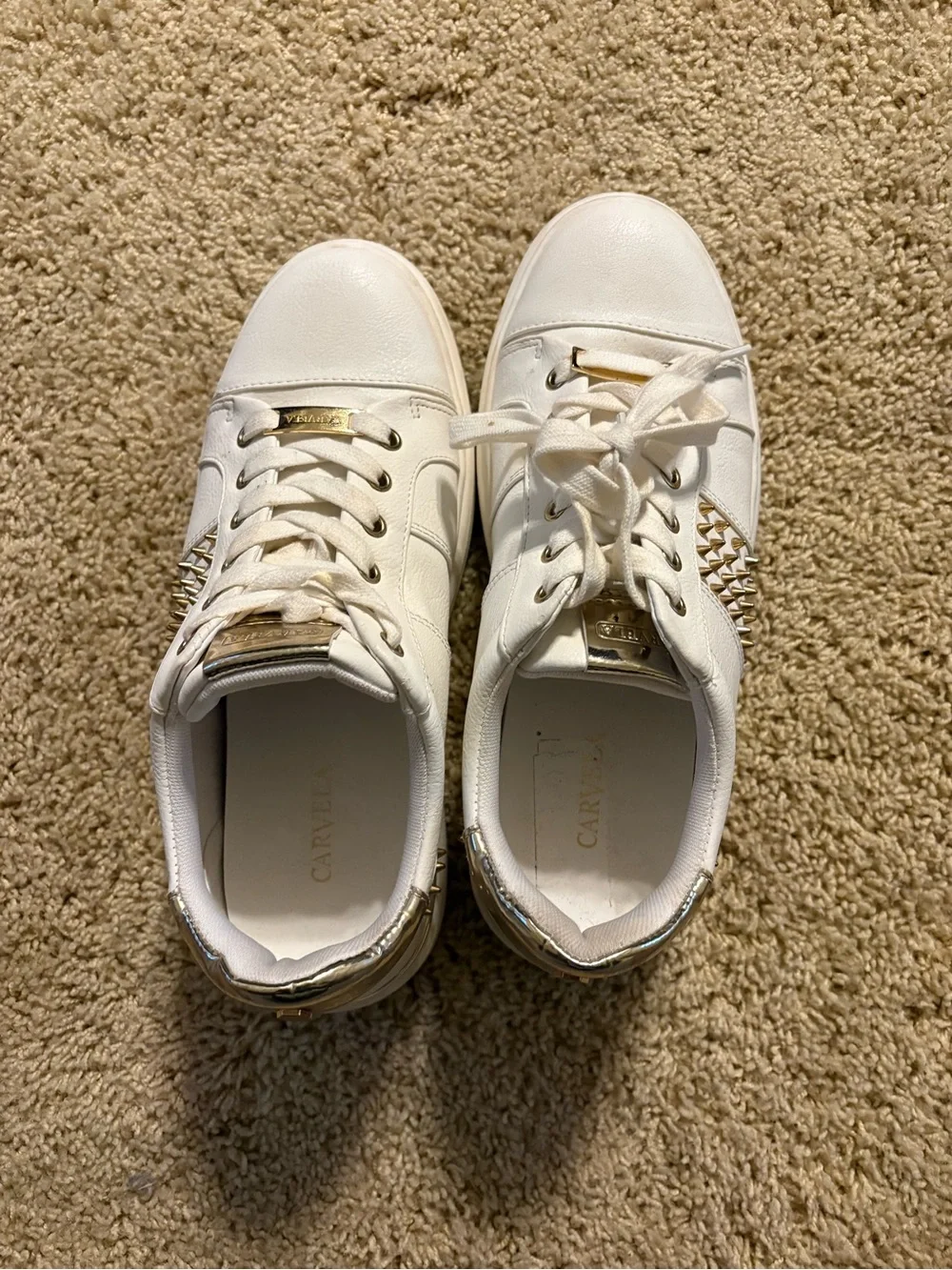 Women's White Low-Top Sneakers with Gold Stud Accents